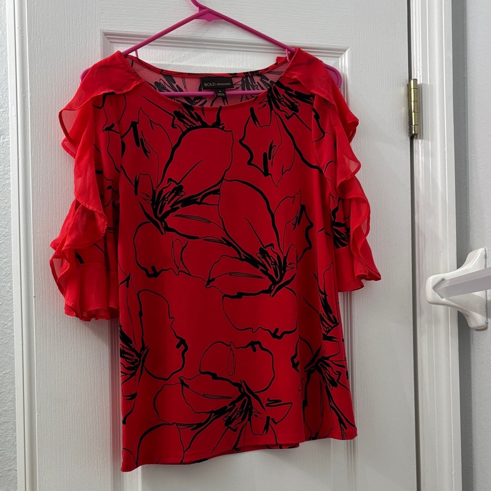 Kasper Red Blouse with Black Floral Design